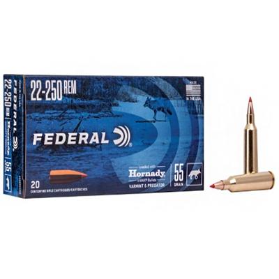 Federal Varmint & Predator, 22-250 Rem, 55 Grain, Hornady® V-Max, 3670 fps  Box of 20